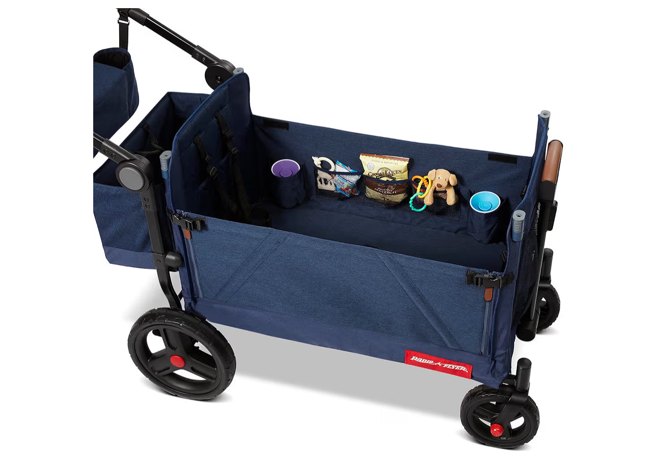 Radio Flyer Atlas Stroll ’N Wagon, Navy Blue, for Ages 1+, 3-in-1 Push or Pull Versatility, One-Hand Fold, UV Canopy, 5-Point Harnesses, Storage Capabilities, Rubber Wheels, Stroller Wagon for Kids