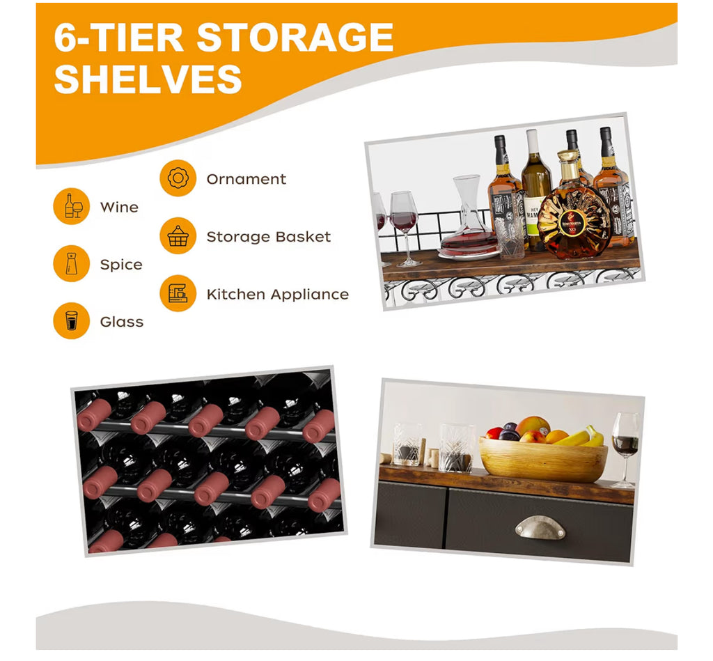 Homeiju Wine Cabinet With Storage, Wine Rack Freestanding Floor, 6-Tier With Tabletop, Drawer And Wine Storage For Home Bars