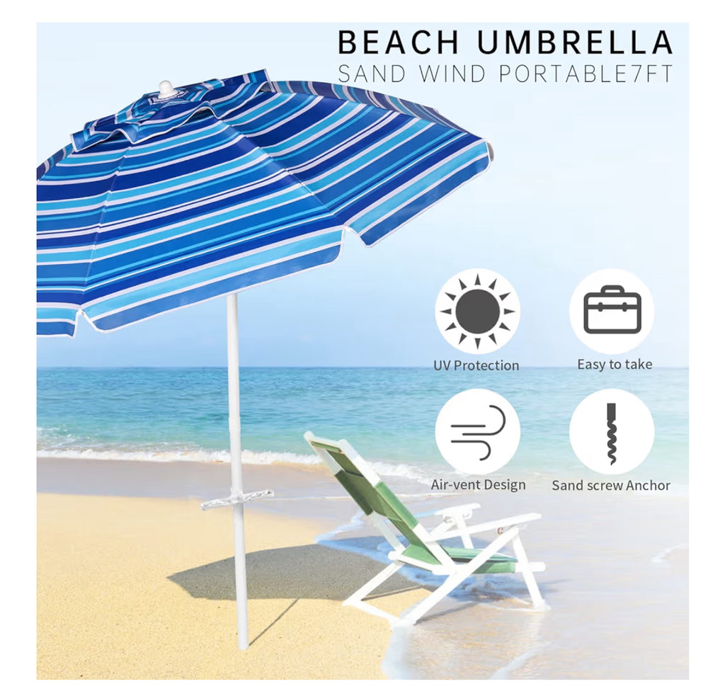 Aoxun 6.5ft Beach Umbrella With Tilt Pole, Portable Sand Anchor And Carry Bag, UPF 50+ Sun Shelter Air Vents Design For Outdoor Activities (Navy Blue & White)