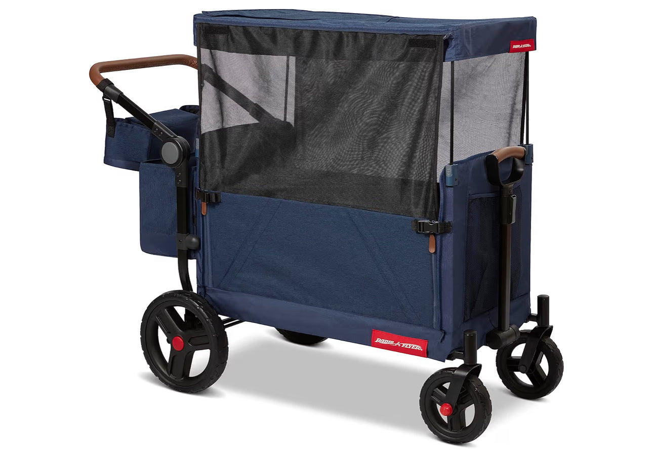 Radio Flyer Atlas Stroll ’N Wagon, Navy Blue, for Ages 1+, 3-in-1 Push or Pull Versatility, One-Hand Fold, UV Canopy, 5-Point Harnesses, Storage Capabilities, Rubber Wheels, Stroller Wagon for Kids