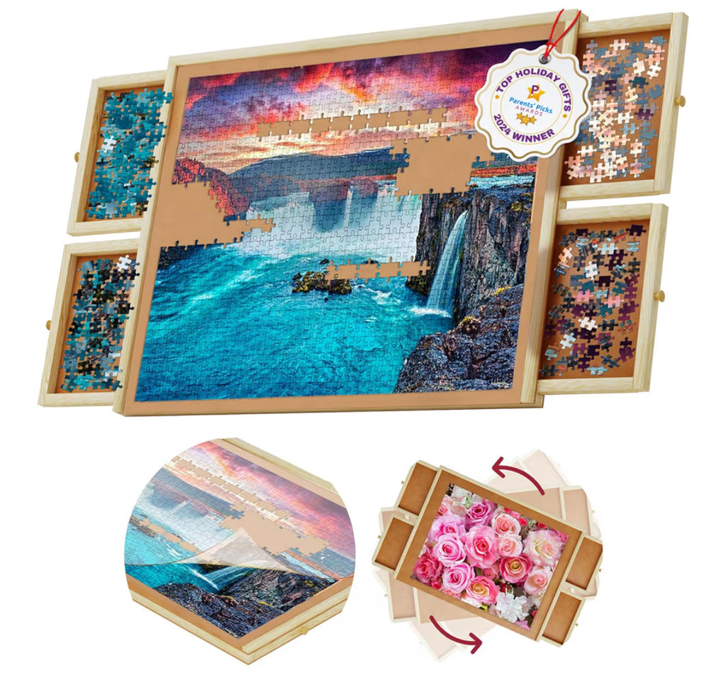 1000 Piece Rotating Puzzle Board With Drawers And Cover - 4 Drawers, Wooden Jigsaw Puzzle Table | 30” X 22”| Jigsaw Puzzle Board - Portable Puzzle Tables For Adults And Kids By Beyond Innoventions