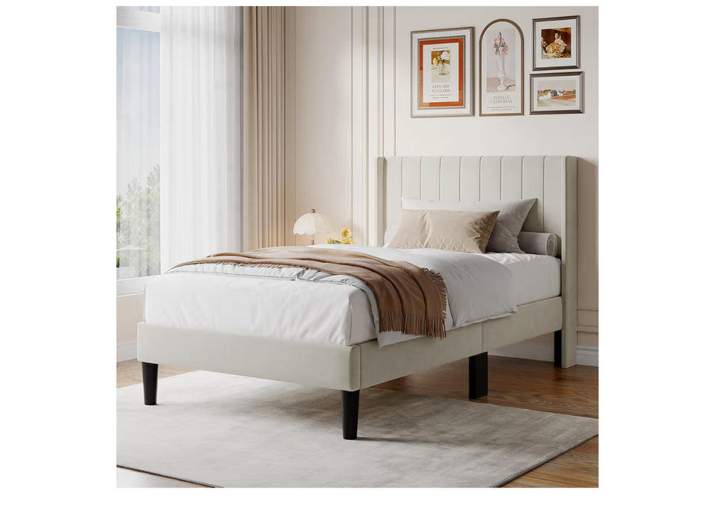 DUMOS Twin Size Bed Frame with Modern Fabric Upholstered Wingback Headboard & Wooden Slats, 500lbs Capacity, No Box Spring Needed, Easy Assembly Upholstered Platform Bed, Beige