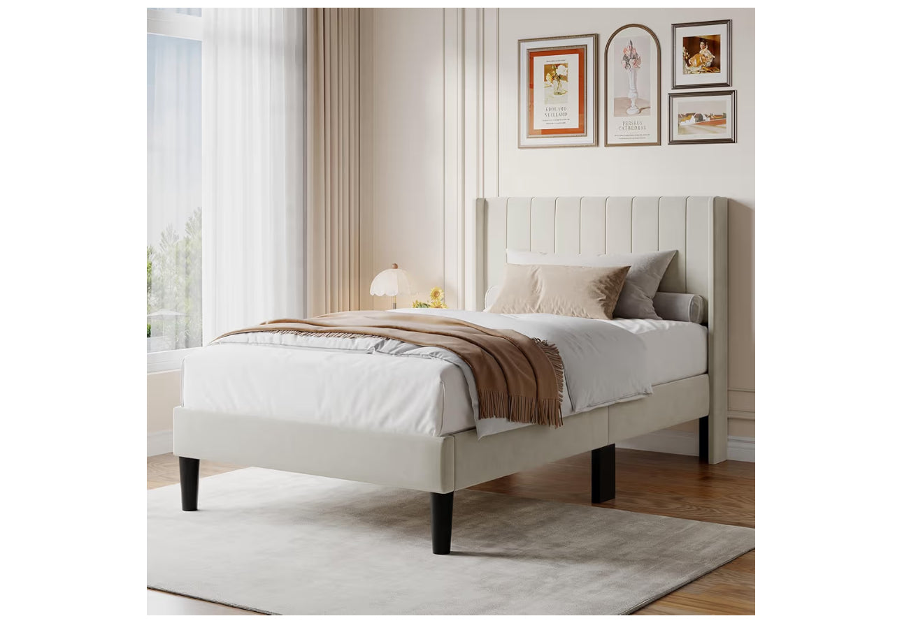 DUMOS Twin Size Bed Frame with Modern Fabric Upholstered Wingback Headboard & Wooden Slats, 500lbs Capacity, No Box Spring Needed, Easy Assembly Upholstered Platform Bed, Beige