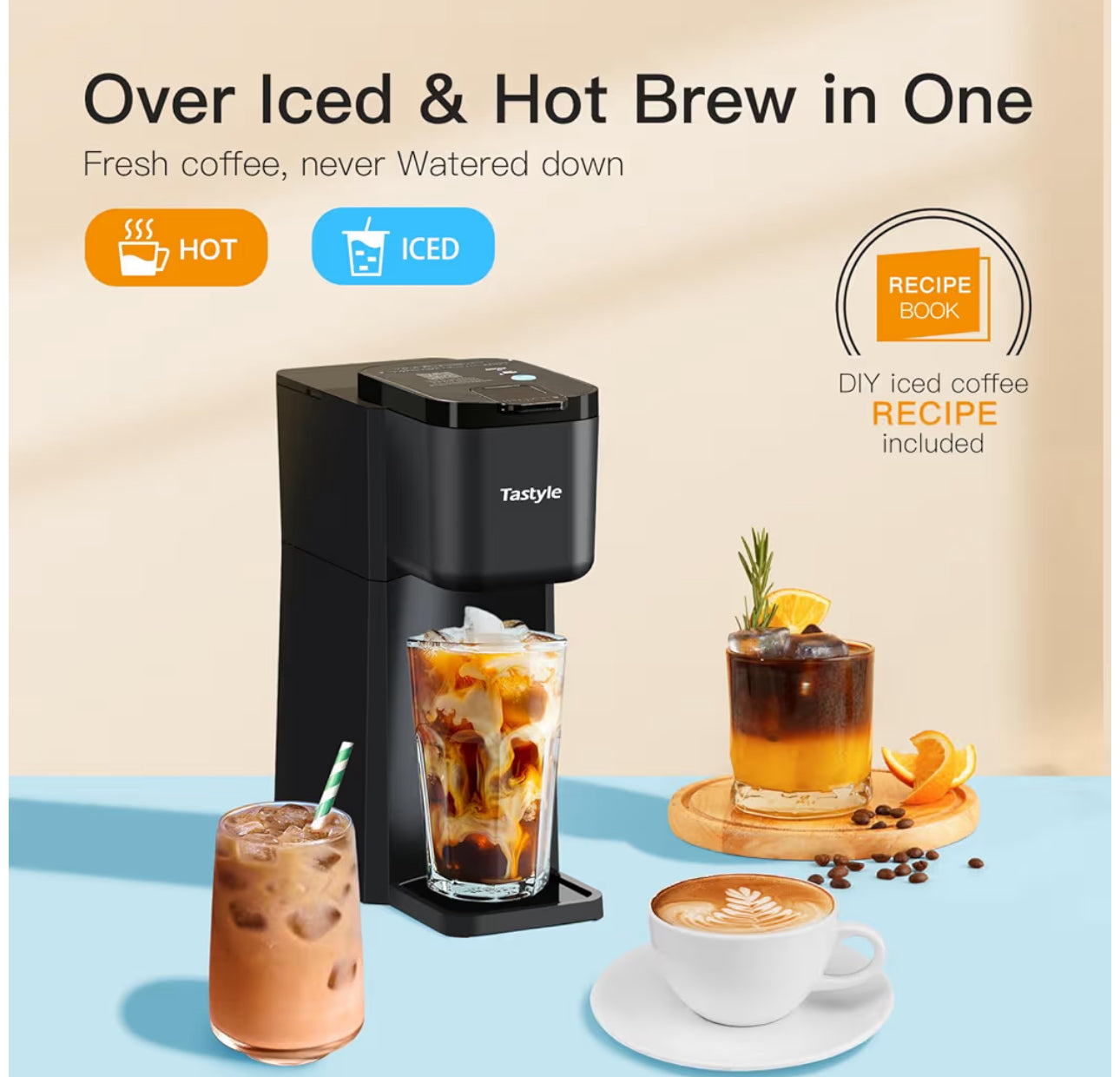 Tastyle Mini Hot And Iced Coffee Maker Single Serve, For K Cup And Ground, 6 To 14 Oz Brew Sizes, With Recipe Book, For Home, Travel, RV, Office And Dorm,Classic Black (2.0 Version)