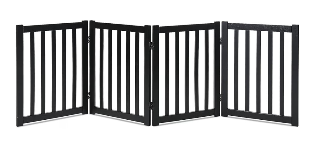 LZRS 4-Panel Wooden Free Standing Foldable Dog Gate Indoor – 24" High, Extra Wide Step-Over Safety Pet Gate For Doorways, Stairs, Hallways, Large Spaces & Playpen For Puppies Indoor Use, Black