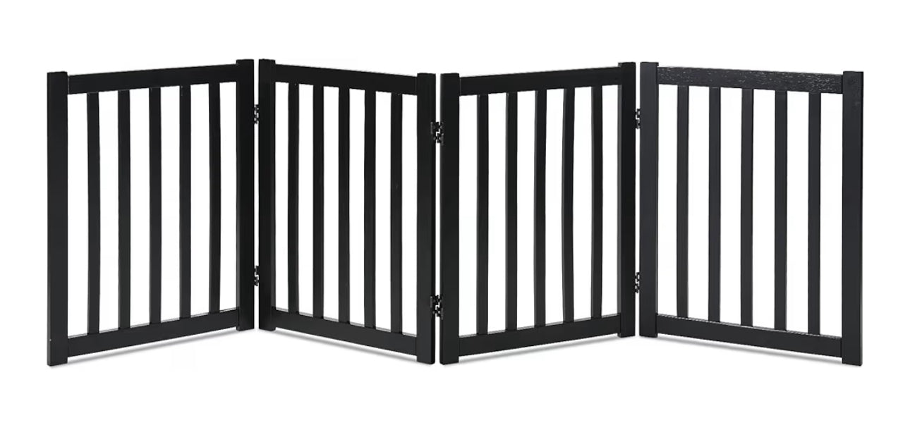 LZRS 4-Panel Wooden Free Standing Foldable Dog Gate Indoor – 24" High, Extra Wide Step-Over Safety Pet Gate For Doorways, Stairs, Hallways, Large Spaces & Playpen For Puppies Indoor Use, Black