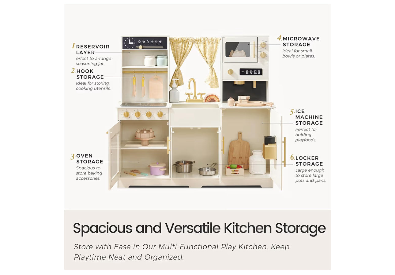 Tiny Land® Iconic Wooden Play Kitchen – Cream Pretend Cooking Set For Kids