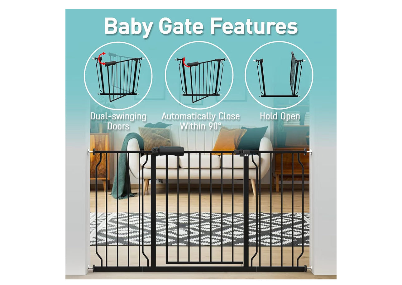 WAOWAO Baby Gate 62.19-66.92" Extra Wide Pressure Mounted Walk Through Swing Auto Close Safety Black Metal Toddler Kids Child Dog Pet Puppy For Stairs,Doorways,Kitchen