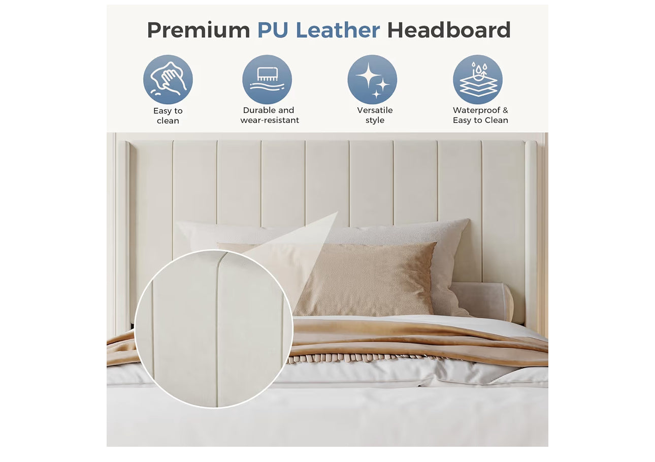 DUMOS Twin Size Bed Frame with Modern Fabric Upholstered Wingback Headboard & Wooden Slats, 500lbs Capacity, No Box Spring Needed, Easy Assembly Upholstered Platform Bed, Beige