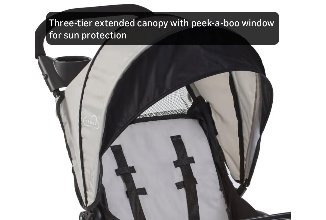 Kolcraft Cloud Plus Lightweight Umbrella Stroller for Toddlers with Reclining Seat, Large Storage Basket, Canopy, Infant & Parent Trays, Compact Fold for Summer Travel, Durable Frame, Slate Gray