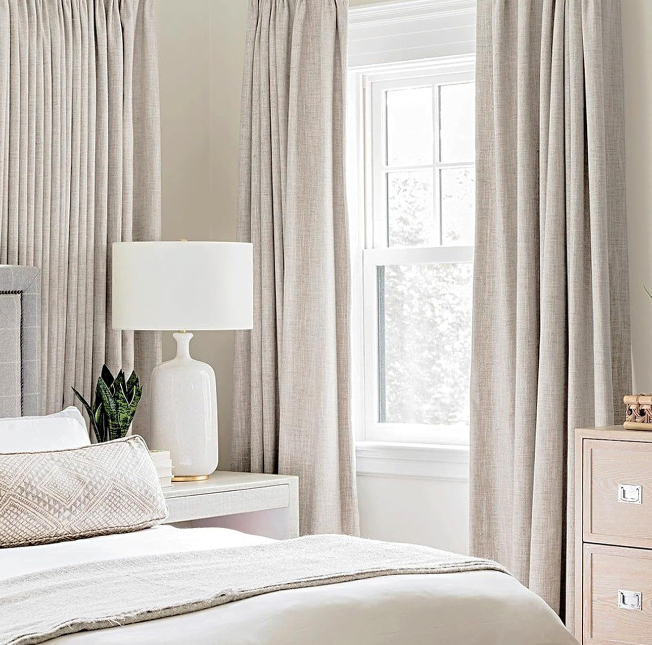 MIULEE 100% Blackout Linen Textured Curtains For Bedroom Solid Thermal Insulated Ivory Grommet Room Darkening Curtains & Drapes Luxury Decor For Living Room Nursery 52 X 84 Inch (2 Panels)