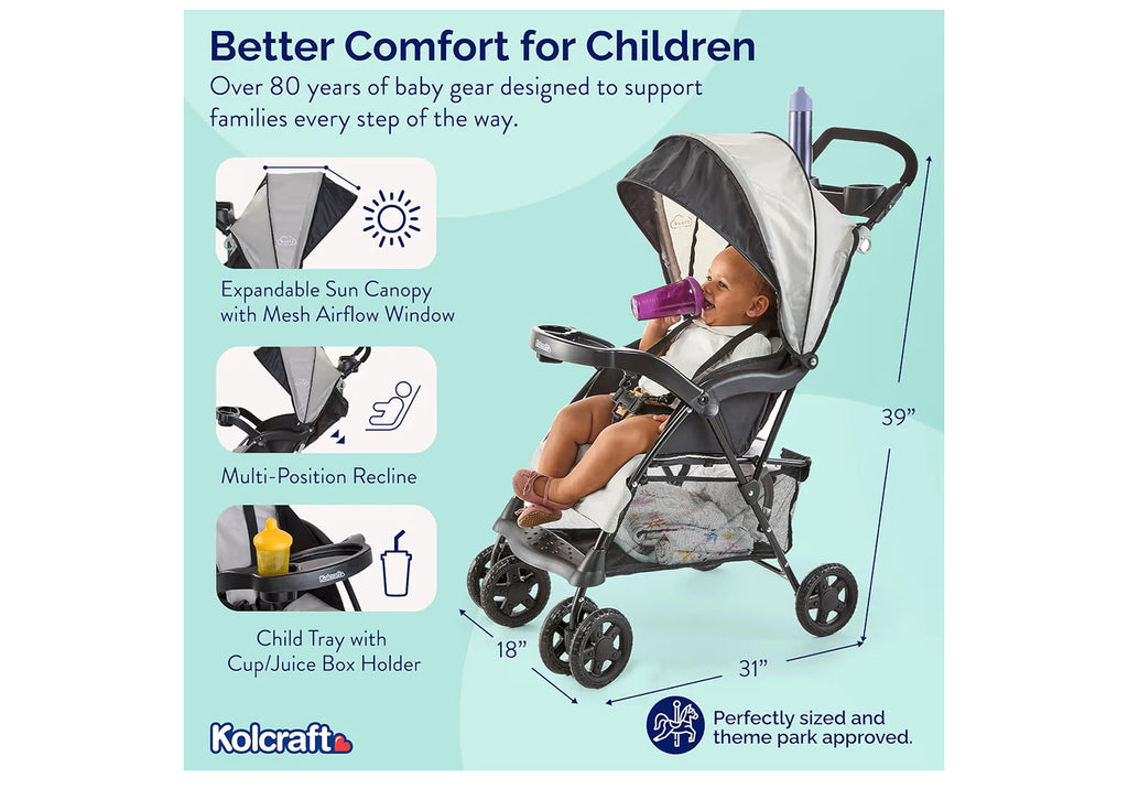 Kolcraft Cloud Plus Lightweight Umbrella Stroller For Toddlers With Reclining Seat, Large Storage Basket, Canopy, Infant & Parent Trays, Compact Fold For Summer Travel, Durable Frame, Slate Gray