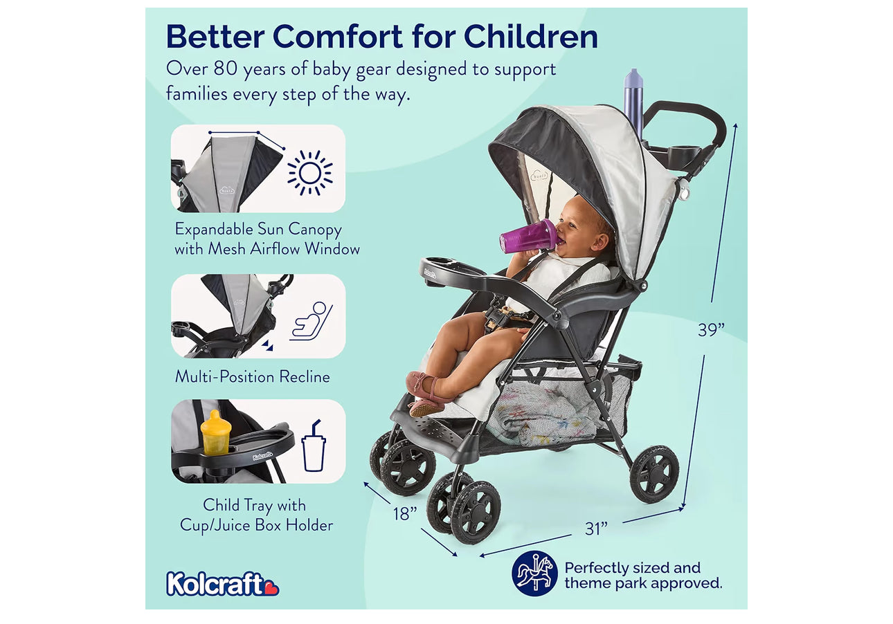 Kolcraft Cloud Plus Lightweight Umbrella Stroller For Toddlers With Reclining Seat, Large Storage Basket, Canopy, Infant & Parent Trays, Compact Fold For Summer Travel, Durable Frame, Slate Gray