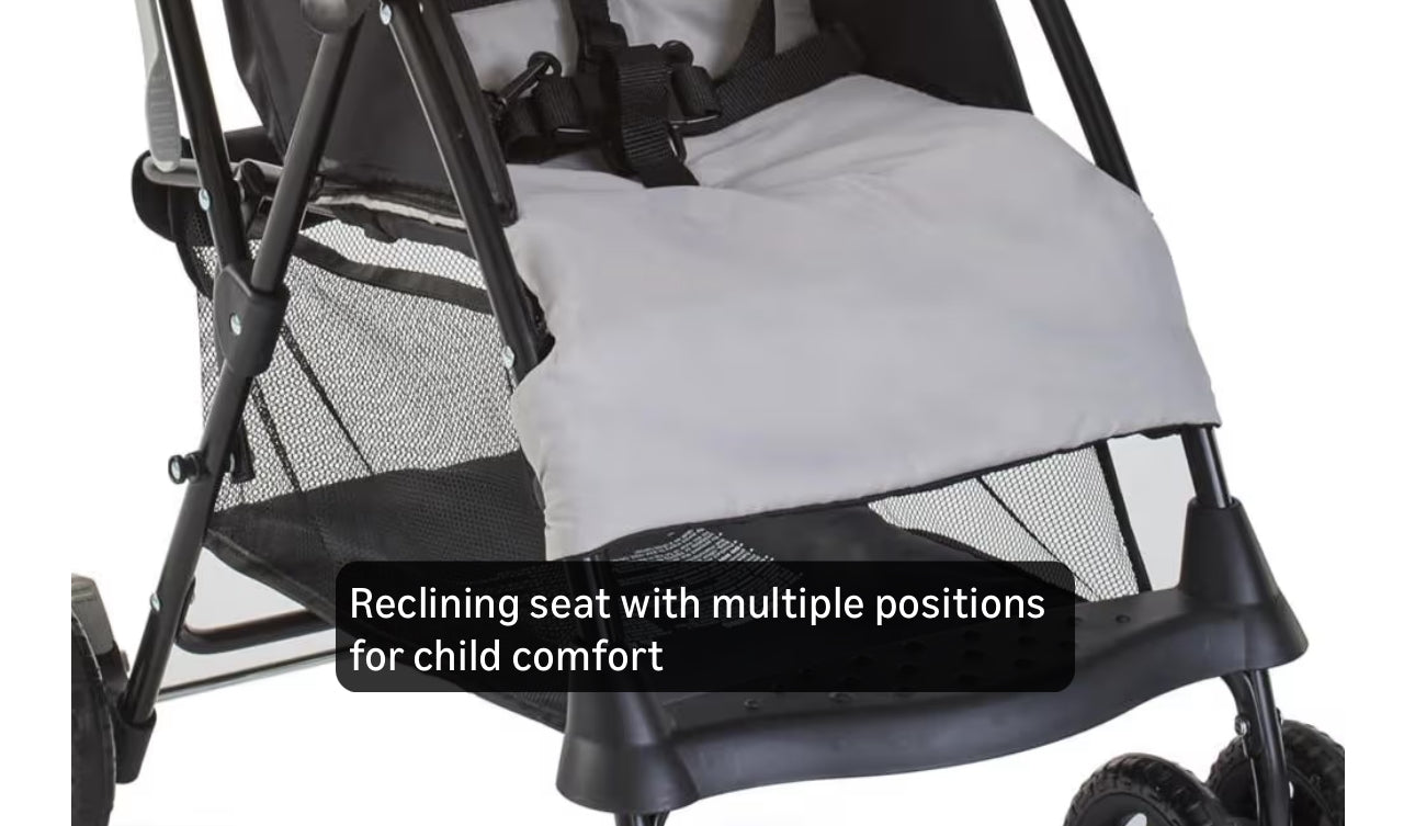 Kolcraft Cloud Plus Lightweight Umbrella Stroller for Toddlers with Reclining Seat, Large Storage Basket, Canopy, Infant & Parent Trays, Compact Fold for Summer Travel, Durable Frame, Slate Gray