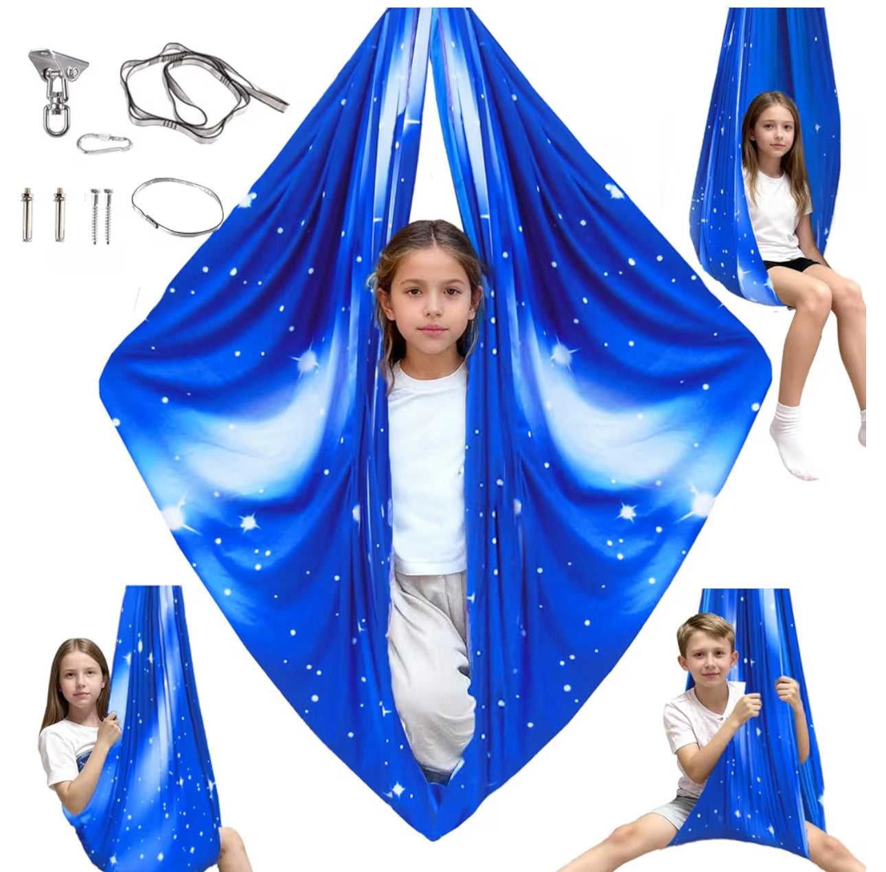 Sensory Swing For Kids & Adults With 360° Swivel Hanger Kit, Double Layer Elastic Therapy Swing Holds Up To 300lbs For Autism, ADHD,Aspergers, And SPD (Blue Sky Star)