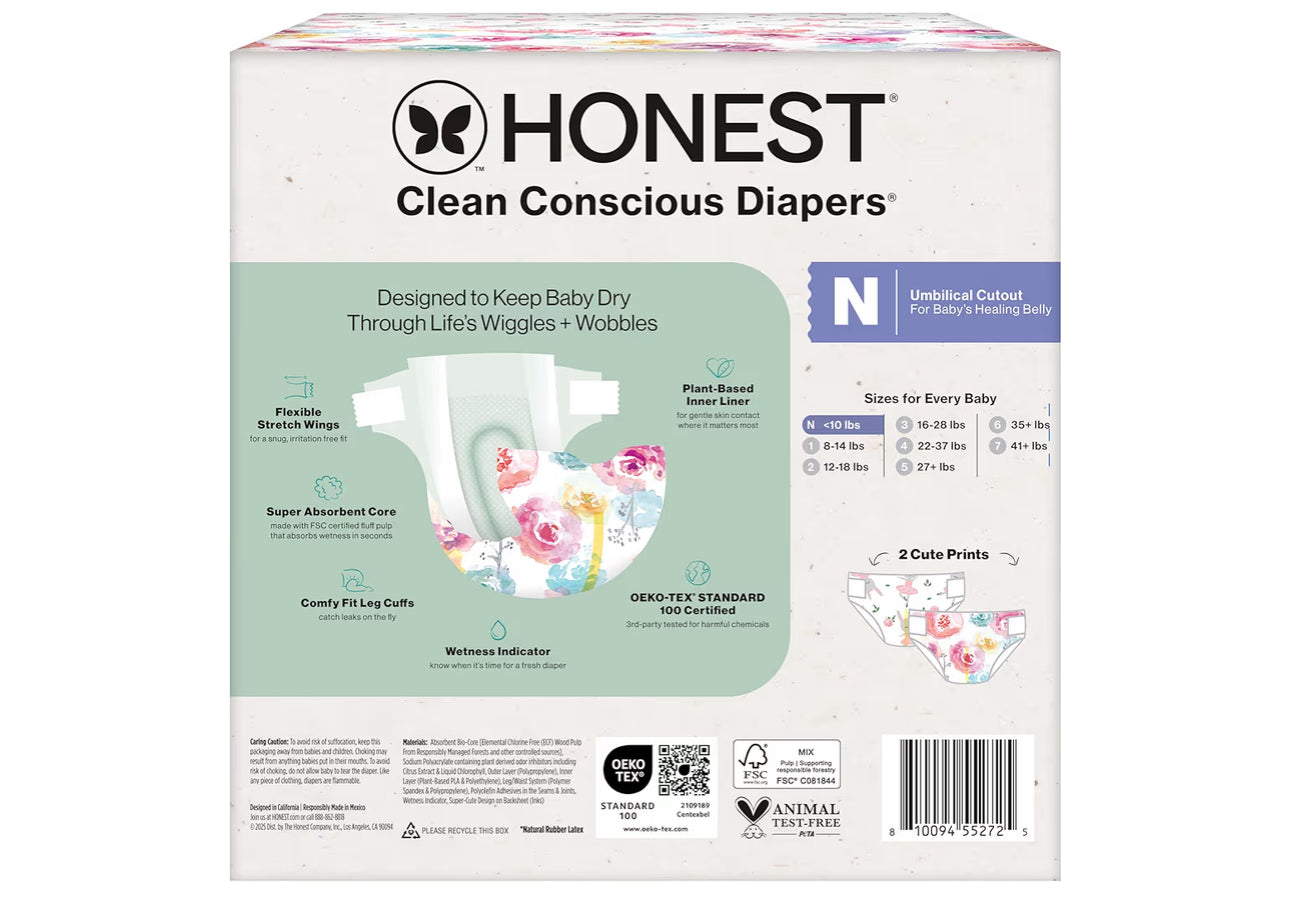 The Honest Company Comfort Dry Disposable Daytime Diapers For Sensitive Skin, Hypoallergenic, Rose Blossom + Tutu Cute, Club Box Size Newborn 72 Count