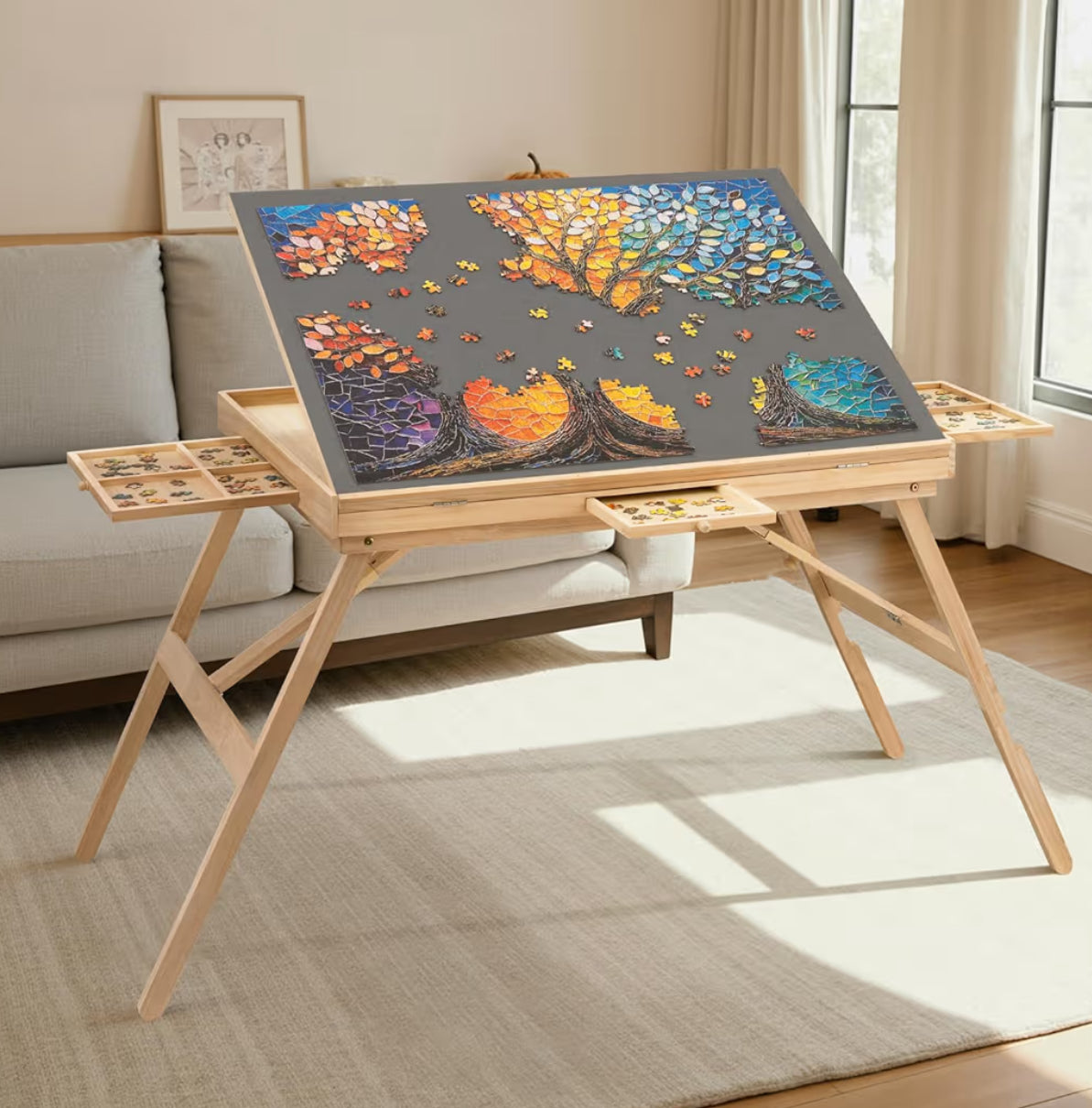 TEAKMAMA Puzzle Table 27.6" Tall 1500 Piece Puzzle Board With Drawers, 34.2" X 26.3" Adjustable 5-Tilting-Angle Jigsaw Table With Legs, Jigsaw Board For Adults, Nature