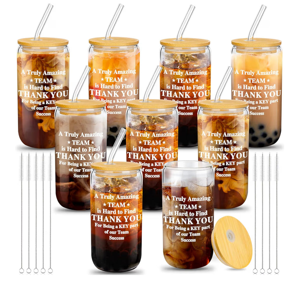 Domensi 9 Set Employee Appreciation Gifts Bulk Team Thank You Gifts Office Staff 16 Oz Glass Cups With Lids Straws Brushes For Employees Colleague Inspirational Tumbler Bulk(Vivid)