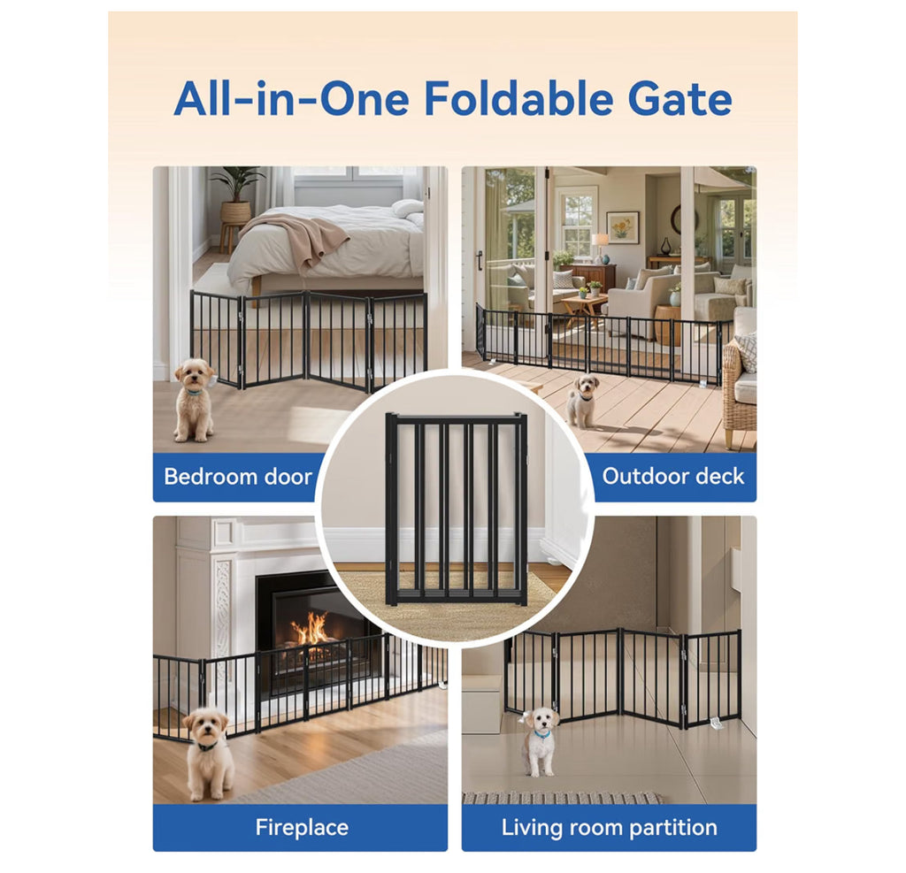 BFNN Metal Short Dog Gate, 16.5" High To Step-Over, Free Standing Foldable Pet Gate, Up To 72" Wide Puppy Fence For Stairs And Doorways, Indoor & Outdoor Use, No Drilling And No Assembly, Black