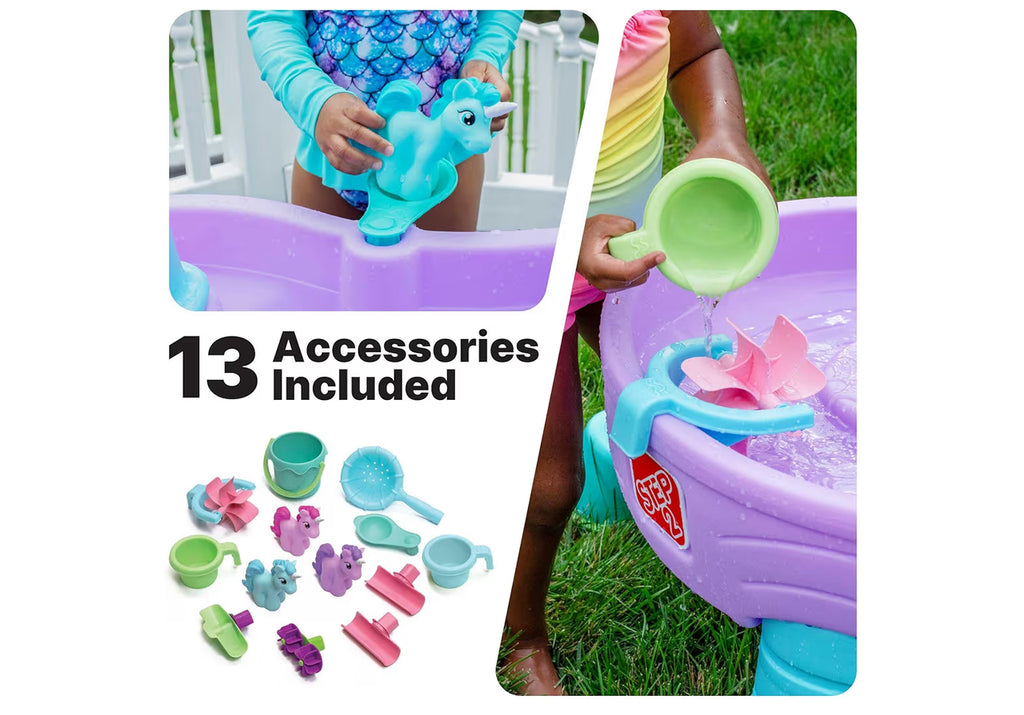 Step2 Rain Showers and Unicorns Water Table, Kids Water and Sand Activity Sensory Playset, Summer Outdoor Toys, 13 Piece Water Toy Accessories, for Toddlers 1.5+ Years Old, Blue & Purple
