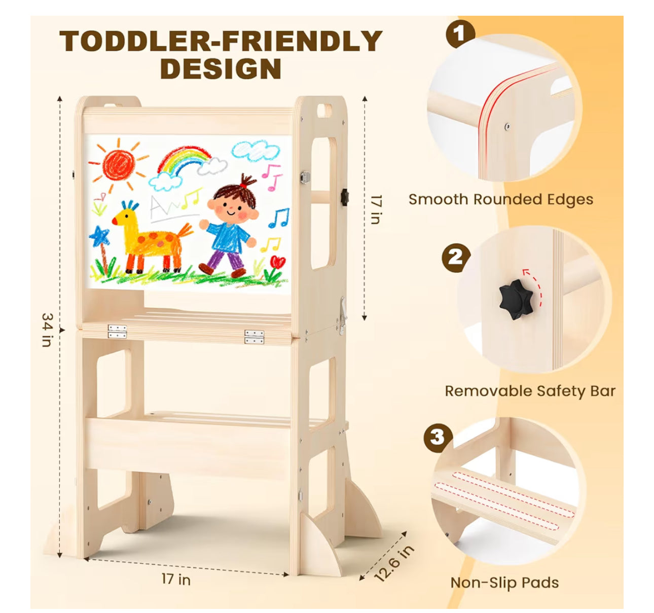 Woodure 4-in-1 Toddler Kitchen Step Stool, Foldable Learning Standing Tower with Whiteboard, Wooden Kitchen Stool Helper for Kids, 1-3 Year Old Boy Girl Gifts