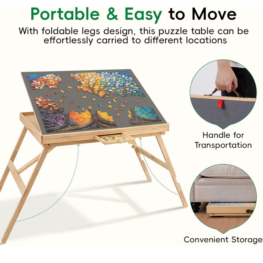 TEAKMAMA Puzzle Table 27.6" Tall 1500 Piece Puzzle Board With Drawers, 34.2" X 26.3" Adjustable 5-Tilting-Angle Jigsaw Table With Legs, Jigsaw Board For Adults, Nature