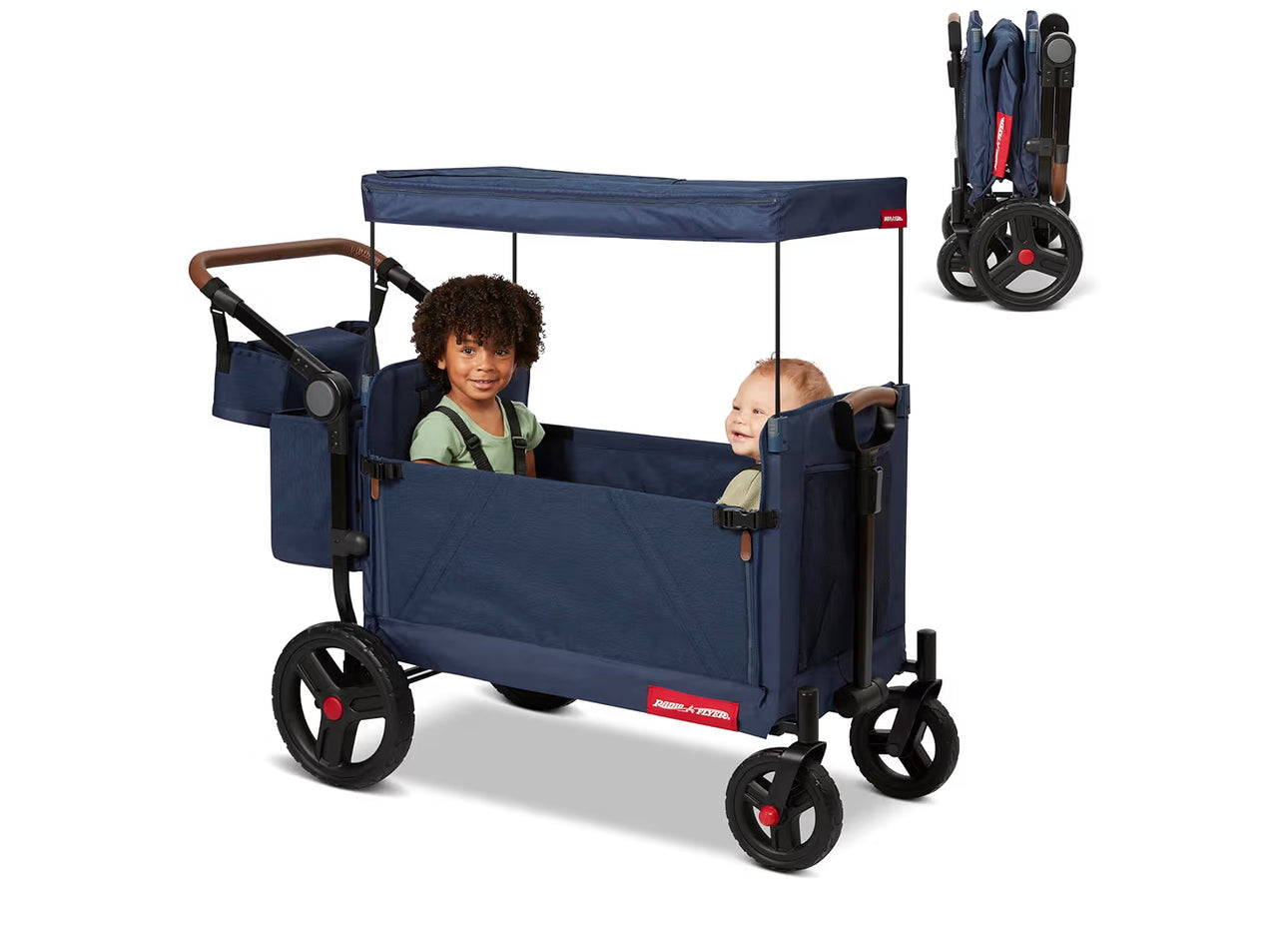 Radio Flyer Atlas Stroll ’N Wagon, Navy Blue, for Ages 1+, 3-in-1 Push or Pull Versatility, One-Hand Fold, UV Canopy, 5-Point Harnesses, Storage Capabilities, Rubber Wheels, Stroller Wagon for Kids