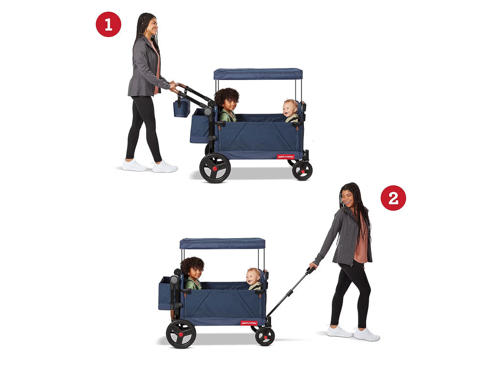 Radio Flyer Atlas Stroll ’N Wagon, Navy Blue, for Ages 1+, 3-in-1 Push or Pull Versatility, One-Hand Fold, UV Canopy, 5-Point Harnesses, Storage Capabilities, Rubber Wheels, Stroller Wagon for Kids
