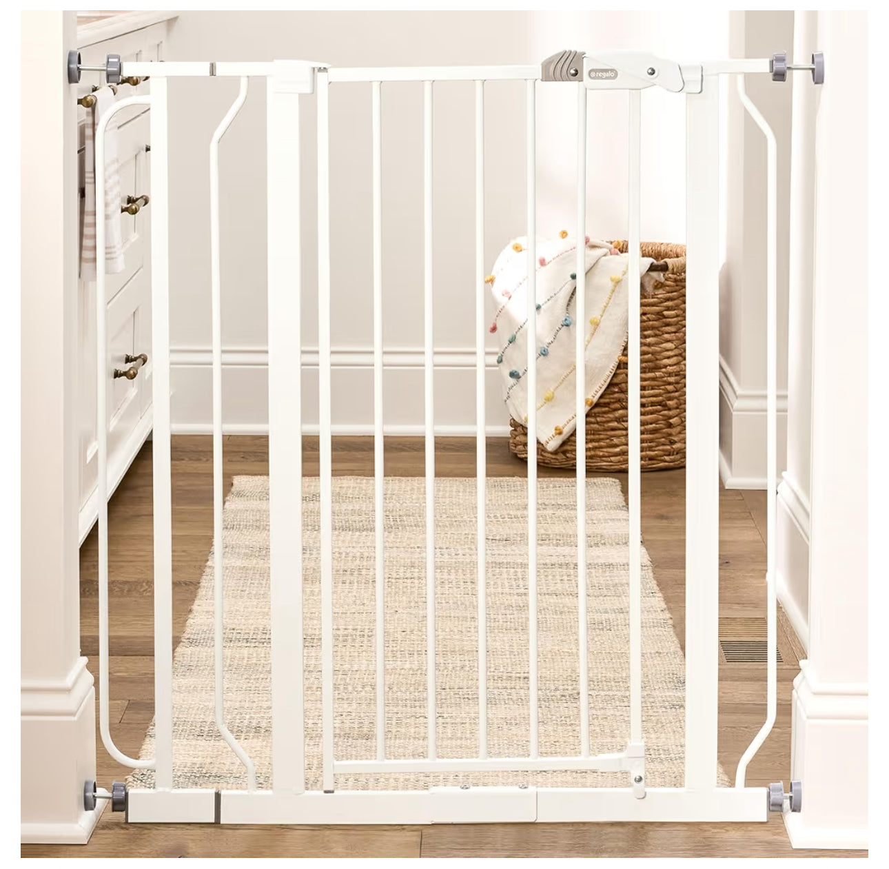 Regalo Safety 36" Extra Tall Baby Gate For Doorways & Bottom Of Stairs, Pressure Mounted Walk Through Gate For Babies, Toddlers & Pets, Tested & Safe For 30 Years, American Designed, American Owned