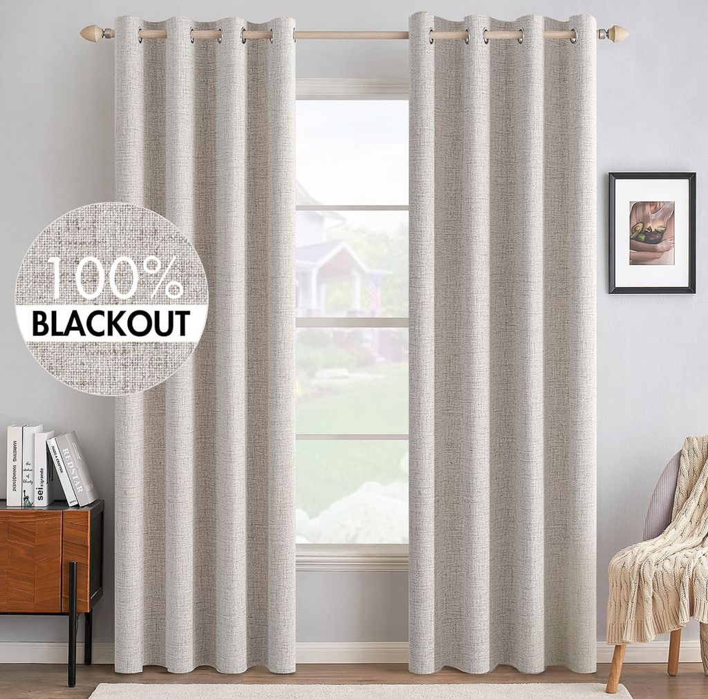 MIULEE 100% Blackout Linen Textured Curtains For Bedroom Solid Thermal Insulated Ivory Grommet Room Darkening Curtains & Drapes Luxury Decor For Living Room Nursery 52 X 84 Inch (2 Panels)
