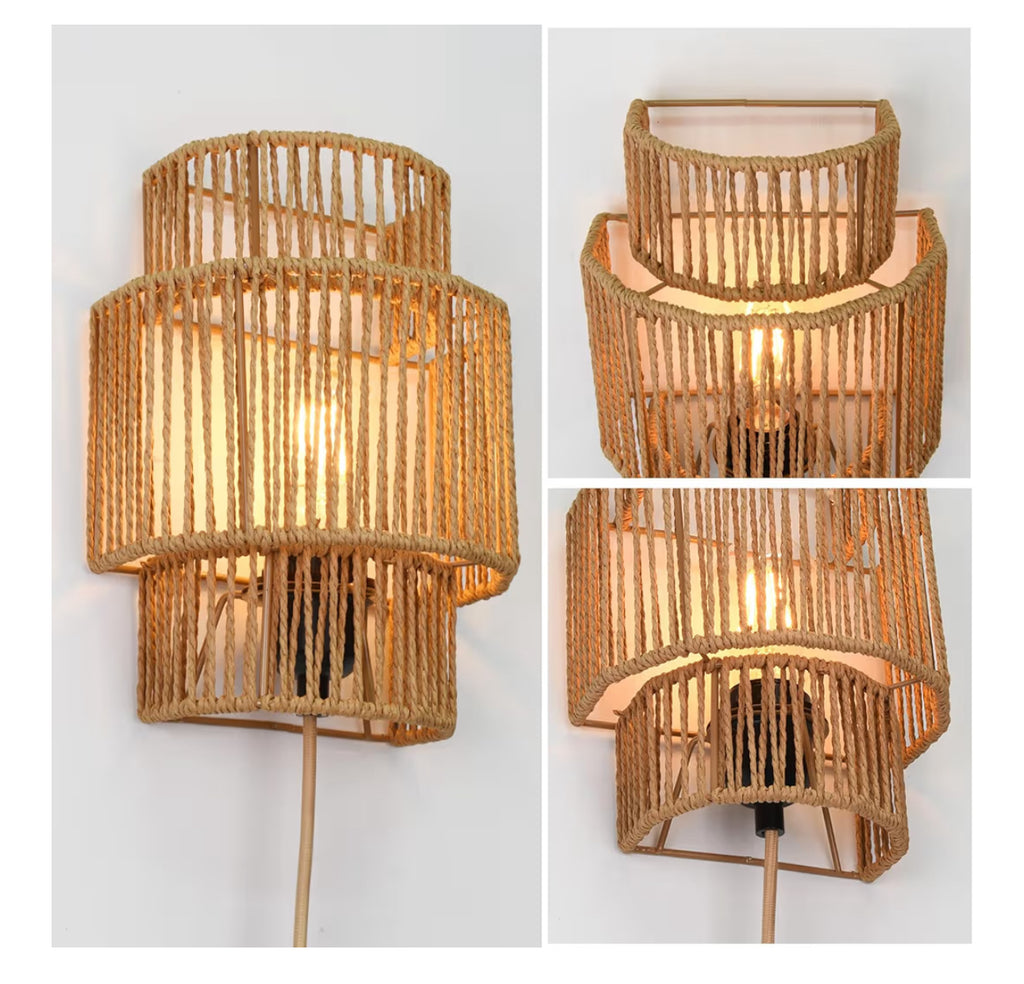 AKEETO Plug-In Wall Sconces Set Of 2, Handwoven Bohemian Wall Decor With Switch, Wall Lights Fixtures For Bedroom Living Room Hallway Porch