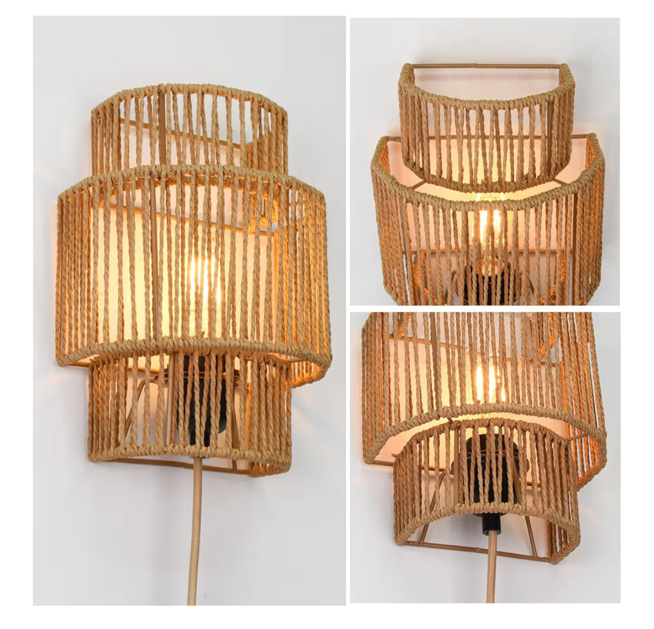AKEETO Plug-In Wall Sconces Set Of 2, Handwoven Bohemian Wall Decor With Switch, Wall Lights Fixtures For Bedroom Living Room Hallway Porch