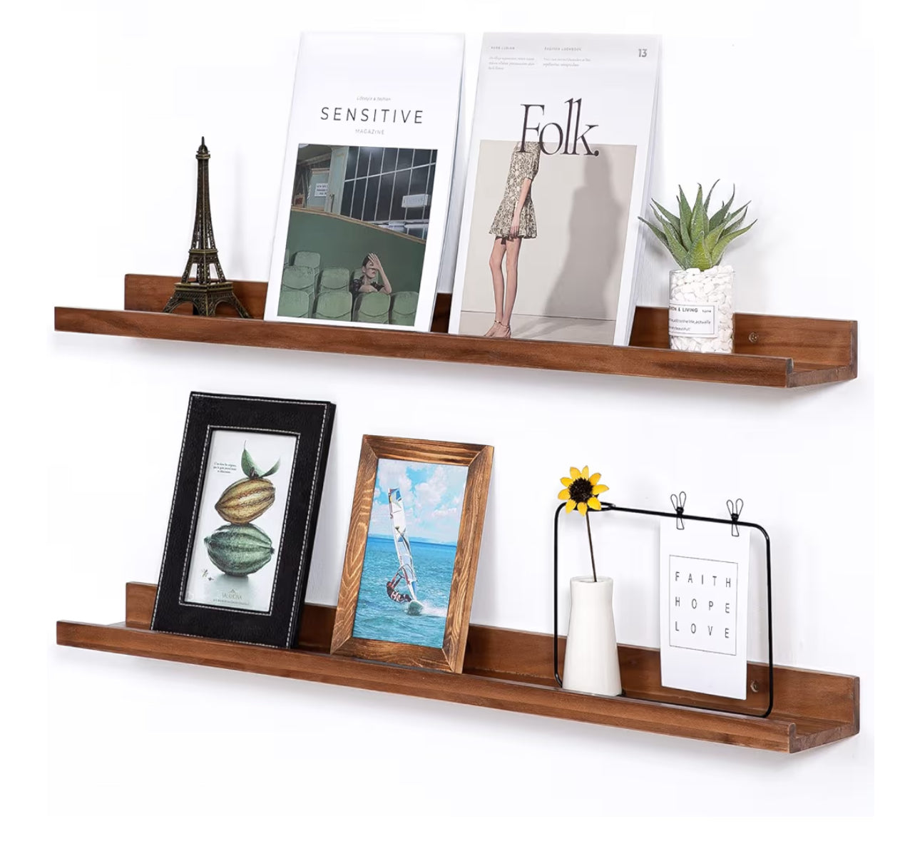 AZSKY Light Walnut Color Wood Wall Floating Shelves For Wall 36 Inch Bookshelf Wall Mount Picture Photo Frames Display Rack With Ledge Decorative Storage Shelves A Set Of 2