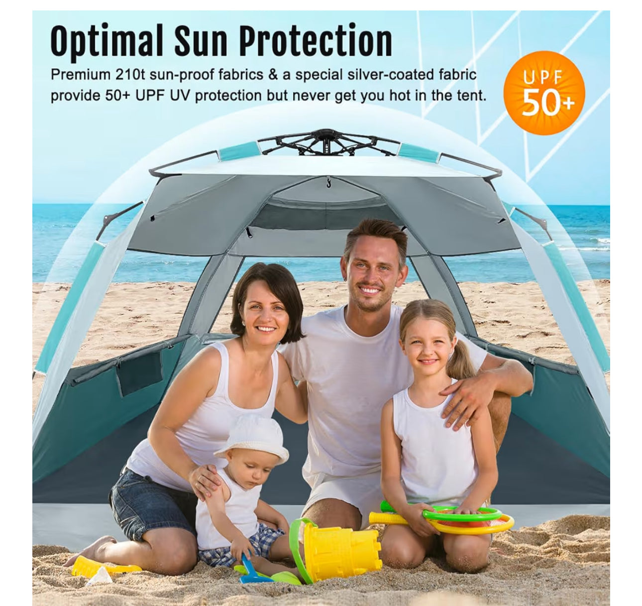 WhiteFang Deluxe XL Pop Up Beach Tent Sun Shade Shelter For 3-4 Person, UV Protection, Extendable Floor With 3 Ventilating Windows Plus Carrying Bag, Stakes, And Guy Lines (Mint Green)
