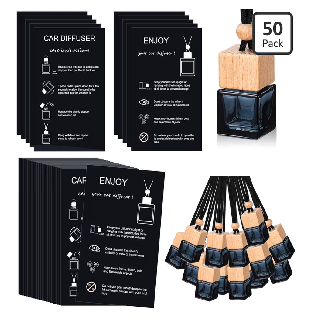 Boao 50 Sets Hanging Car Air Freshener Diffuser Bottles With 2 X 3.54 Inch Car Diffuser Instructions Cards For Empty Essential Oil Bottles(Black Square,Black Card)