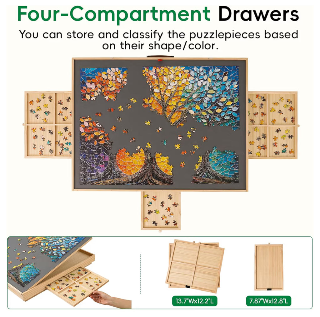 TEAKMAMA Puzzle Table 27.6" Tall 1500 Piece Puzzle Board With Drawers, 34.2" X 26.3" Adjustable 5-Tilting-Angle Jigsaw Table With Legs, Jigsaw Board For Adults, Nature