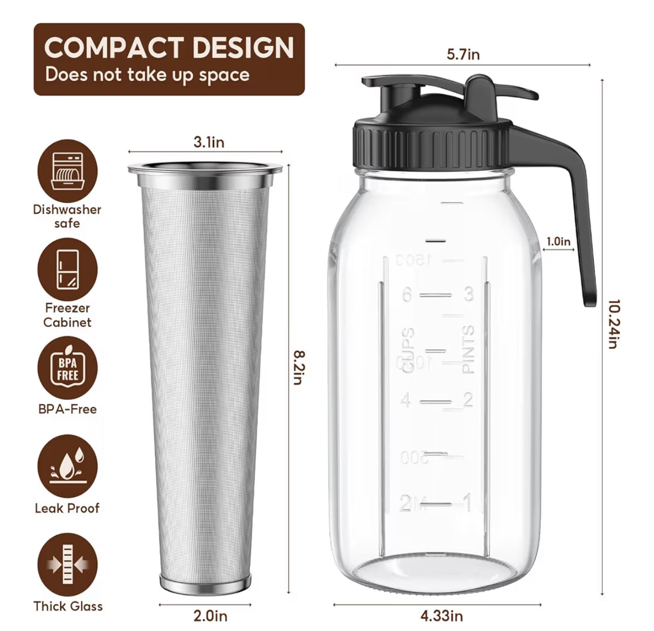 2 Pack 64 Oz Cold Brew Coffee Maker Jar - Thick Glass Cold Brew Maker With Handle, Stainless Steel Filter & Leak-Proof Lid, Cold Brew Pitcher For Iced Coffee,Tea And Milk (2 Quart / 1.9 Liter)