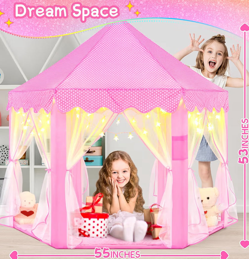 EVOIONOS Princess Tent With Lights And Rug, Play Tent For Girls, Kids Tent Indoor And Mat, Princess Castle Playhouse Tent For Girls, Pink Girls Tent For Toddlers, 55 X 53 Inch Toy Tent