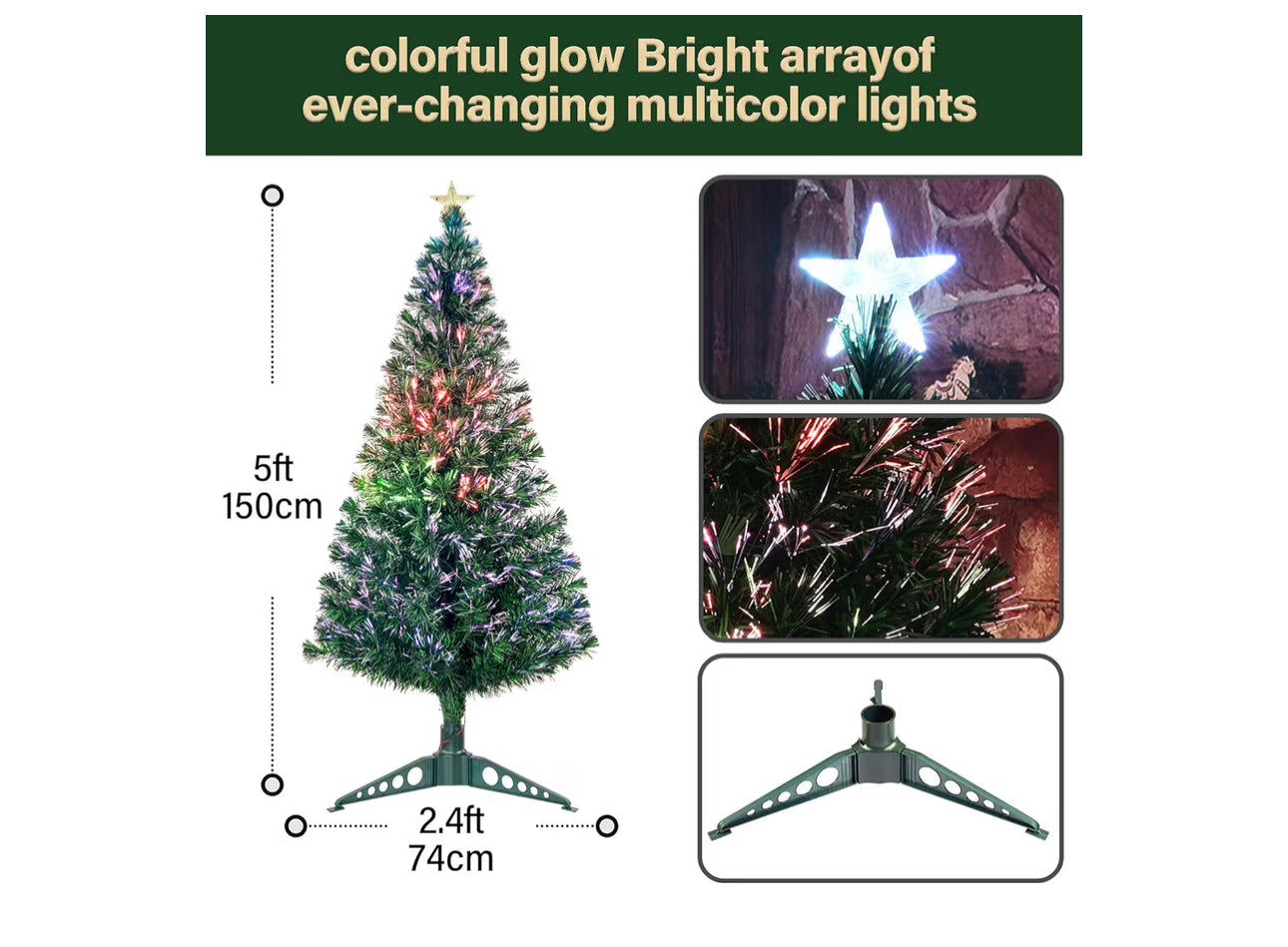 5FT Fiber Optic Green Christmas Tree Artificial Tree With Stand,Pre-Lit Full Xmas Tree With Top Star Perfect For Indoor Holiday Decoration