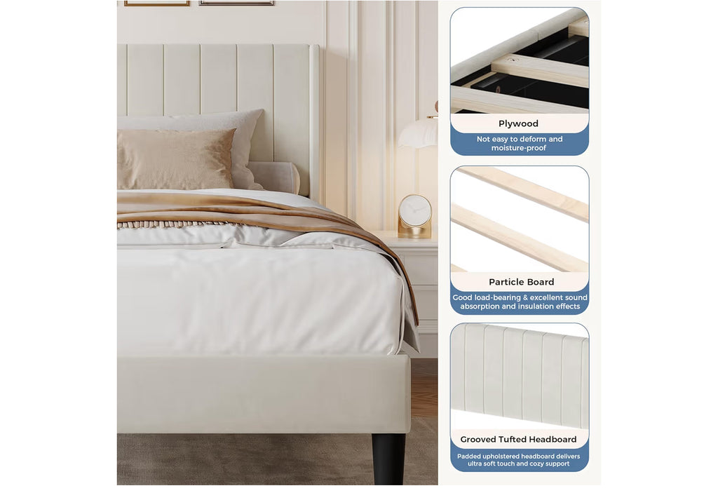 DUMOS Twin Size Bed Frame with Modern Fabric Upholstered Wingback Headboard & Wooden Slats, 500lbs Capacity, No Box Spring Needed, Easy Assembly Upholstered Platform Bed, Beige
