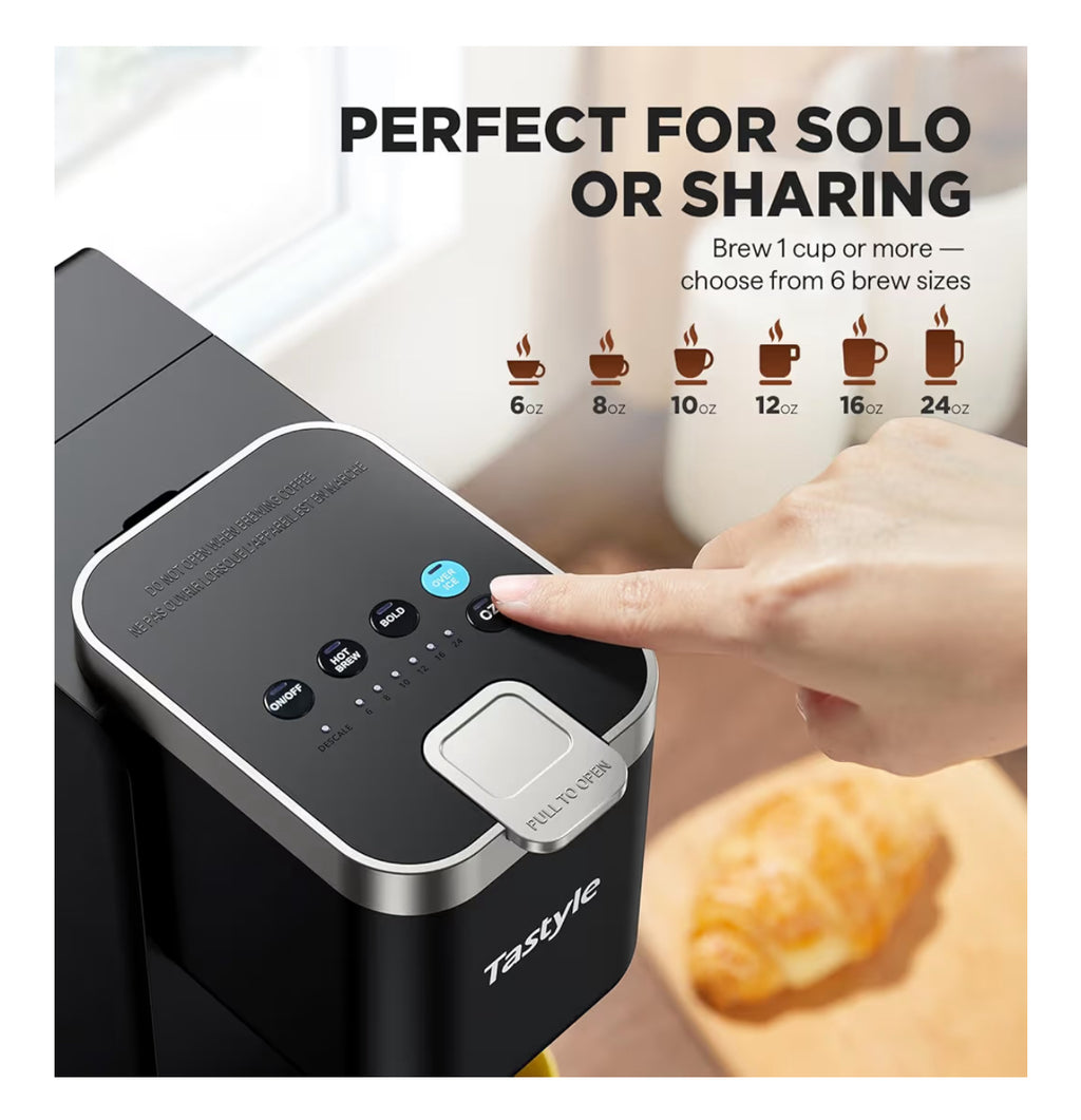Tastyle Single Serve Coffee Maker, Iced And Hot Coffee Machine For K Cup & Grounds, Compact Design, 40oz Removable Water Reservoir, 6 To 24 Oz Brew Sizes, Fits 7.3" Travel Mug, Black+Gold