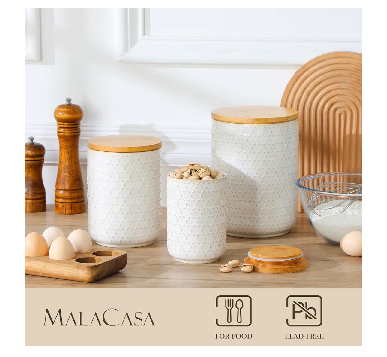 MALACASA LYDIA Ceramic Canisters Set With Airtight Lids, 80/40/20 Oz Coffee Canisters Sets For The Kitchen, Large Jars For Flour, Sugar, Pasta, Coffee, Cookies, Tea - Set Of 3, Hexagon