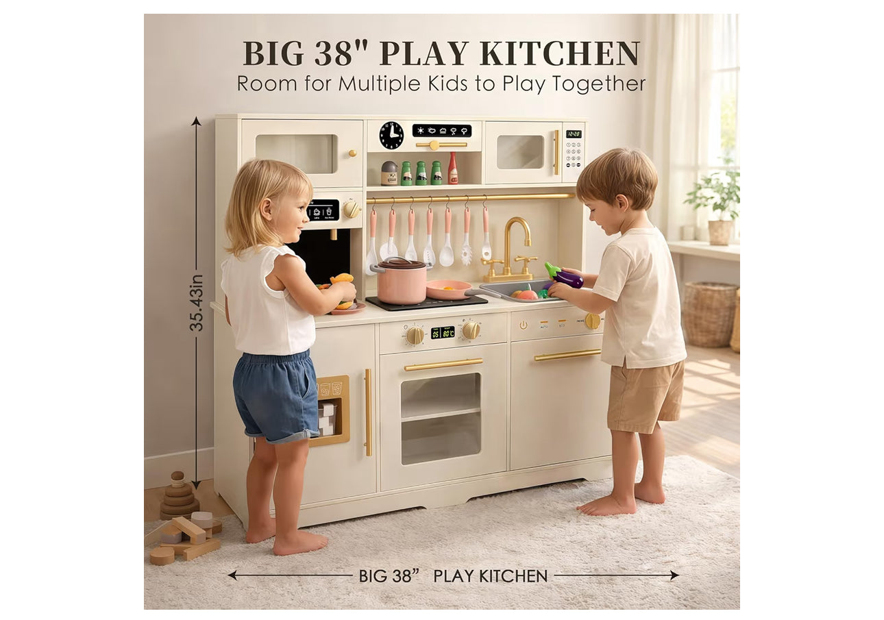 Play Kitchen For Kids, Wooden Pretend Toy Kitchen Set With Appliances & Smart Storage, Kids Kitchen Playset With 49 Toy Food & Cookware Accessories For Toddlers, Stove, Play Sink, Gift For Ages 3+
