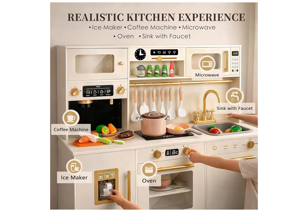 Play Kitchen For Kids, Wooden Pretend Toy Kitchen Set With Appliances & Smart Storage, Kids Kitchen Playset With 49 Toy Food & Cookware Accessories For Toddlers, Stove, Play Sink, Gift For Ages 3+