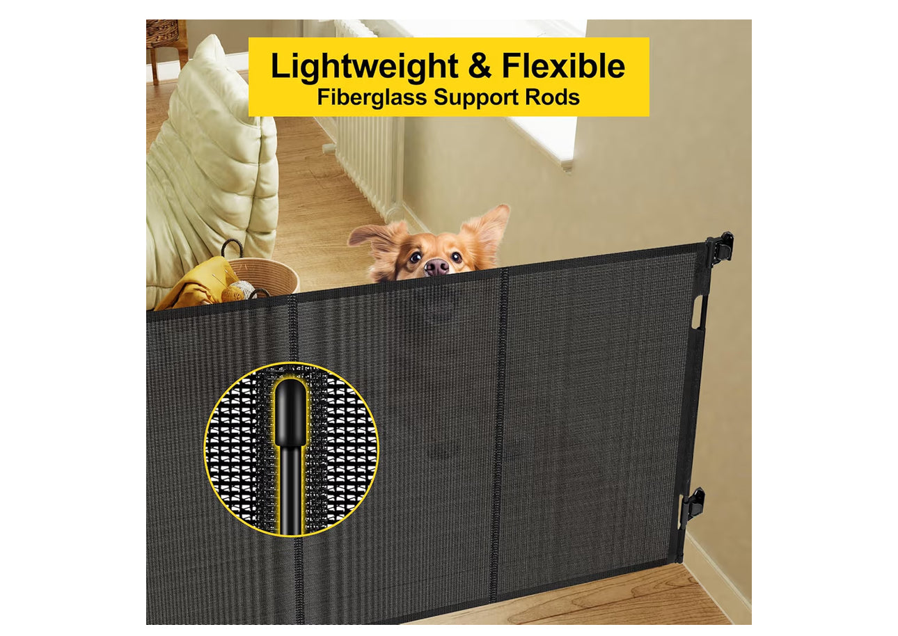 Reinforced 42” Extra Tall Retractable Baby Gates With Rods, Extends Up To 60” Wide, Tall Retractable Dog Gate For Doorways Prevent Crawling Through Mesh Pet Gate Indoor Outdoor, Black