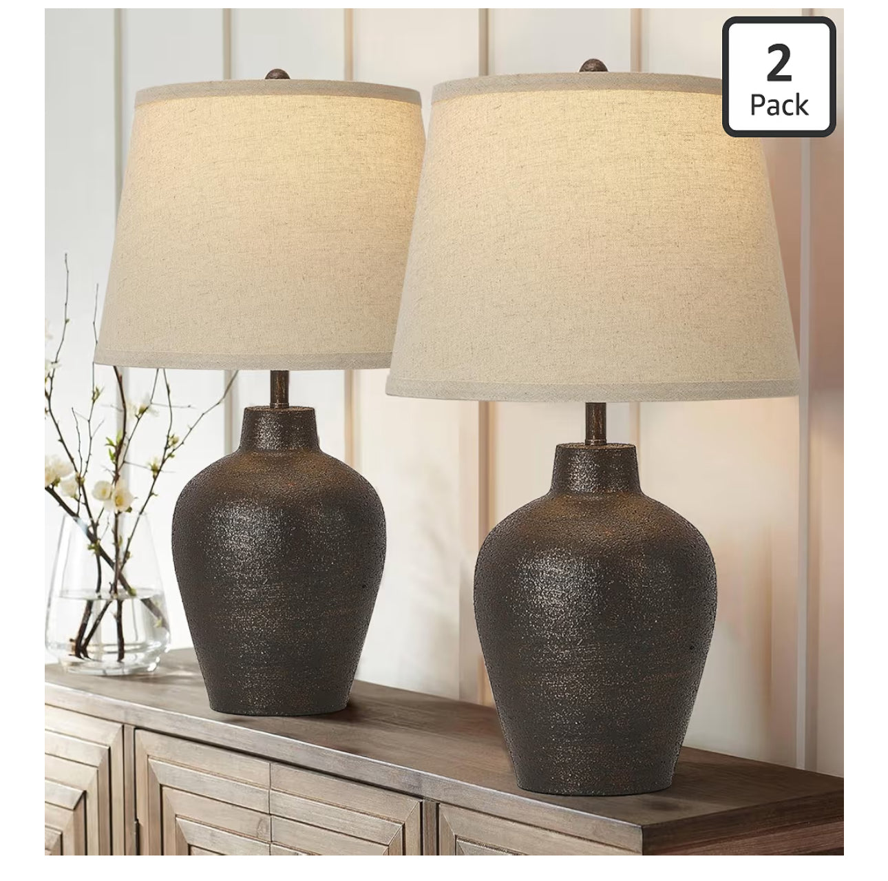 Farmhouse Rustic Table Lamps Set Of 2 For Bedroom Living Room End Table Dark Brown Terracotta Nightstand Lamps Bedside Lamps Home Decor 21” Tall Resin Table Lamp, Bulbs Included