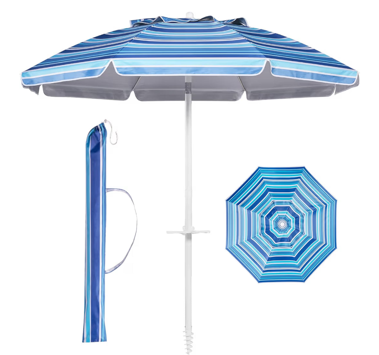 Aoxun 6.5ft Beach Umbrella With Tilt Pole, Portable Sand Anchor And Carry Bag, UPF 50+ Sun Shelter Air Vents Design For Outdoor Activities (Navy Blue & White)