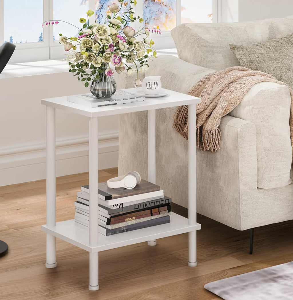 YUFAM End Table,Small Side Table,2-Tier Nightstand With Storage Shelf,Sofa Bedside Table For Small Spaces In Living Room,Bedroom, Office,Stable Frame,Easy Assembly,White