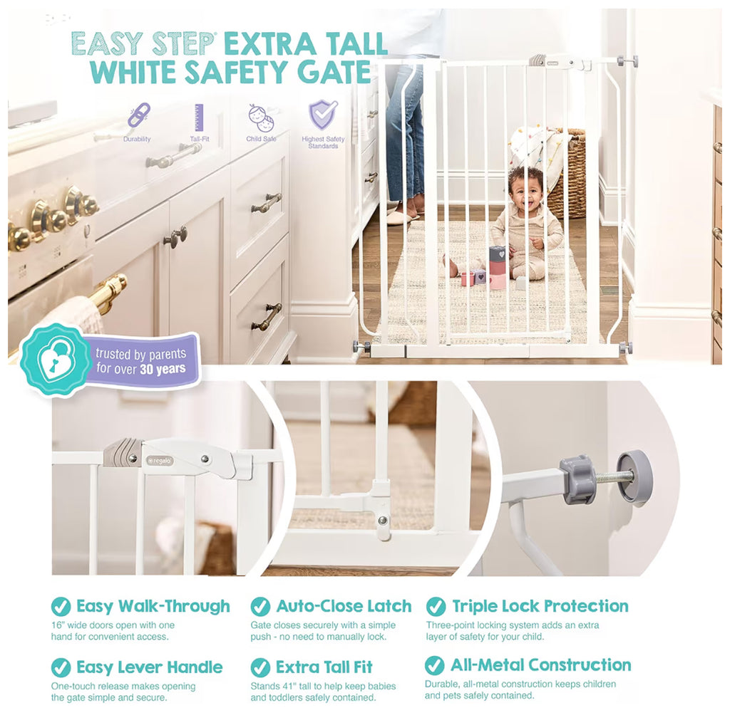 Regalo Safety 36" Extra Tall Baby Gate For Doorways & Bottom Of Stairs, Pressure Mounted Walk Through Gate For Babies, Toddlers & Pets, Tested & Safe For 30 Years, American Designed, American Owned