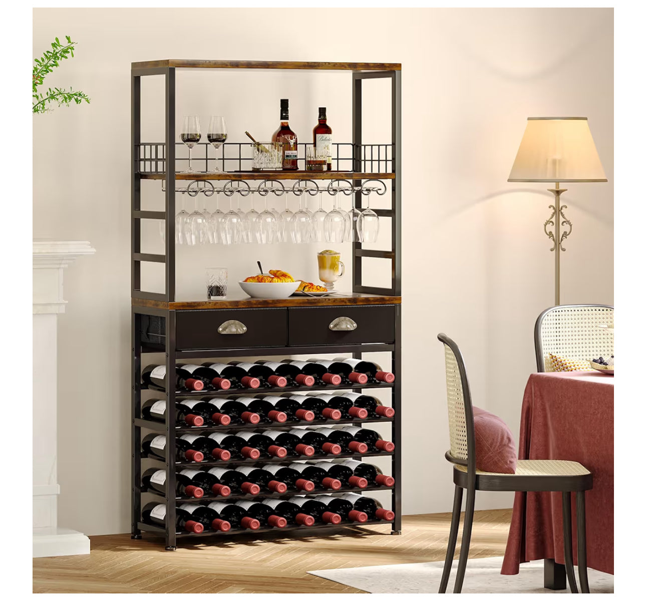 Homeiju Wine Cabinet With Storage, Wine Rack Freestanding Floor, 6-Tier With Tabletop, Drawer And Wine Storage For Home Bars